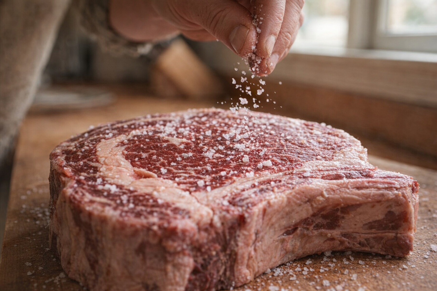 Close up of a raw, dry-aged ribeye steak being seasoned with coarse kosher salt. Focus on the marbling and texture of the steak. Natural sunlight coming from a nearby window.